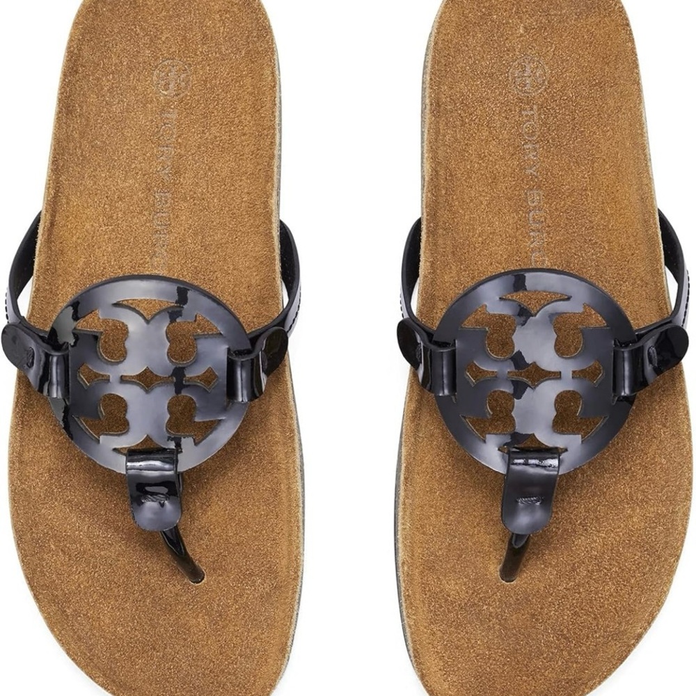 Tory Burch Miller Cloud Patent Black Sandals with Medallion Detail